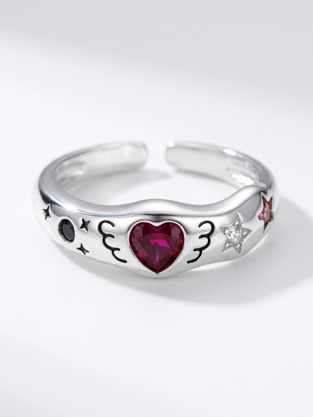 925 Sterling Silver Heart Wing Adjustable Ring with Pink Crystal Accent